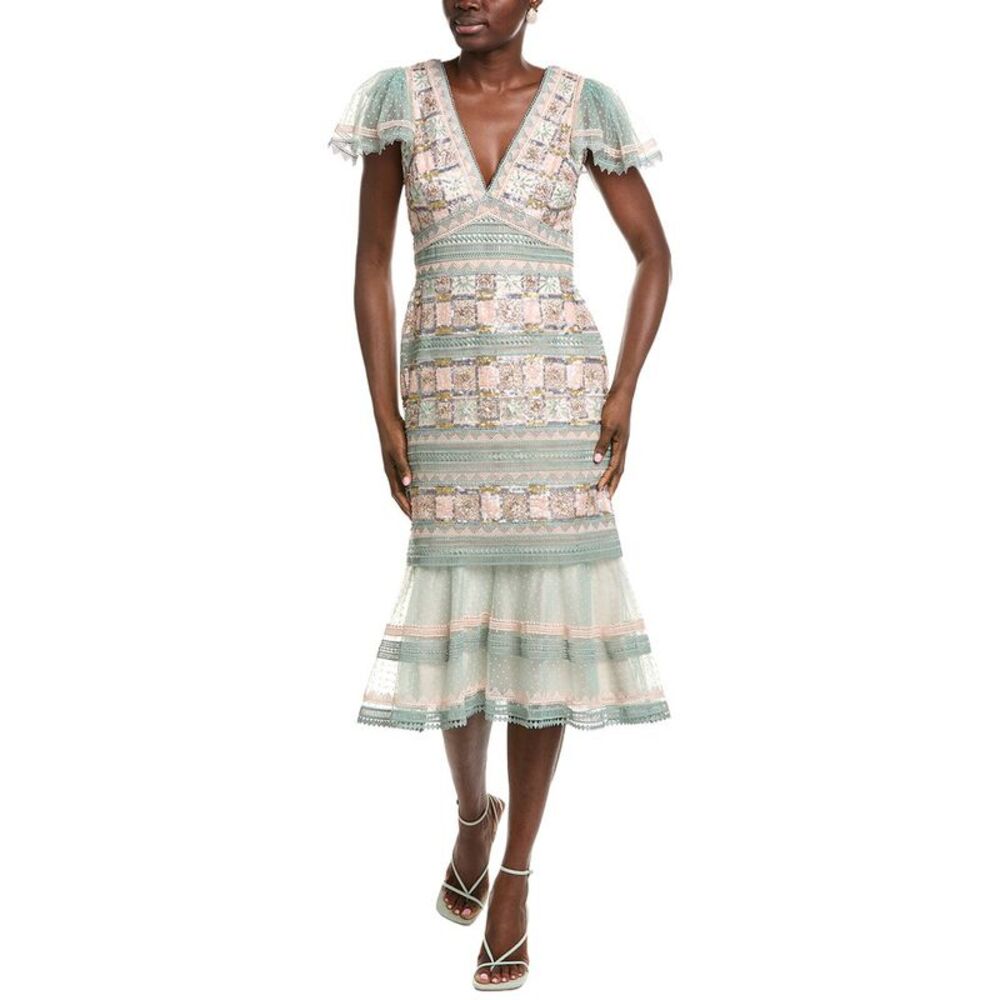 Tadashi Shoji Womens  Belle Sequin Lace Panel Midi Dress, Brown